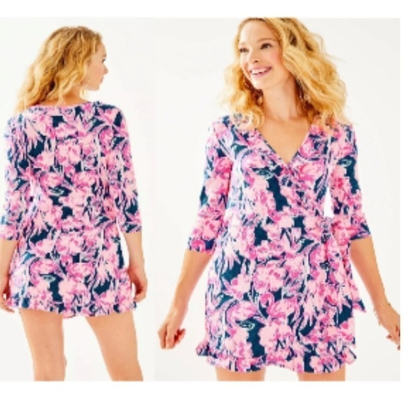 Lilly Pulitzer Jessalynne Ruffle Romper Inky Navy Flamingle - Picture 2 of 7